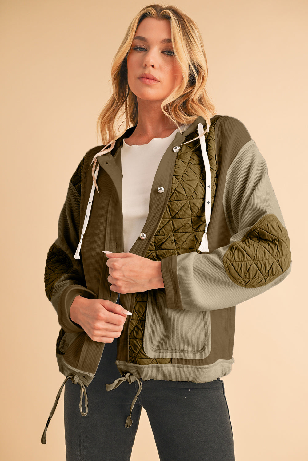 Blue Zone Planet | Jungle Green Quilted Textured Patchwork Hooded Jacket-Jackets-[Adult]-[Female]-2022 Online Blue Zone Planet