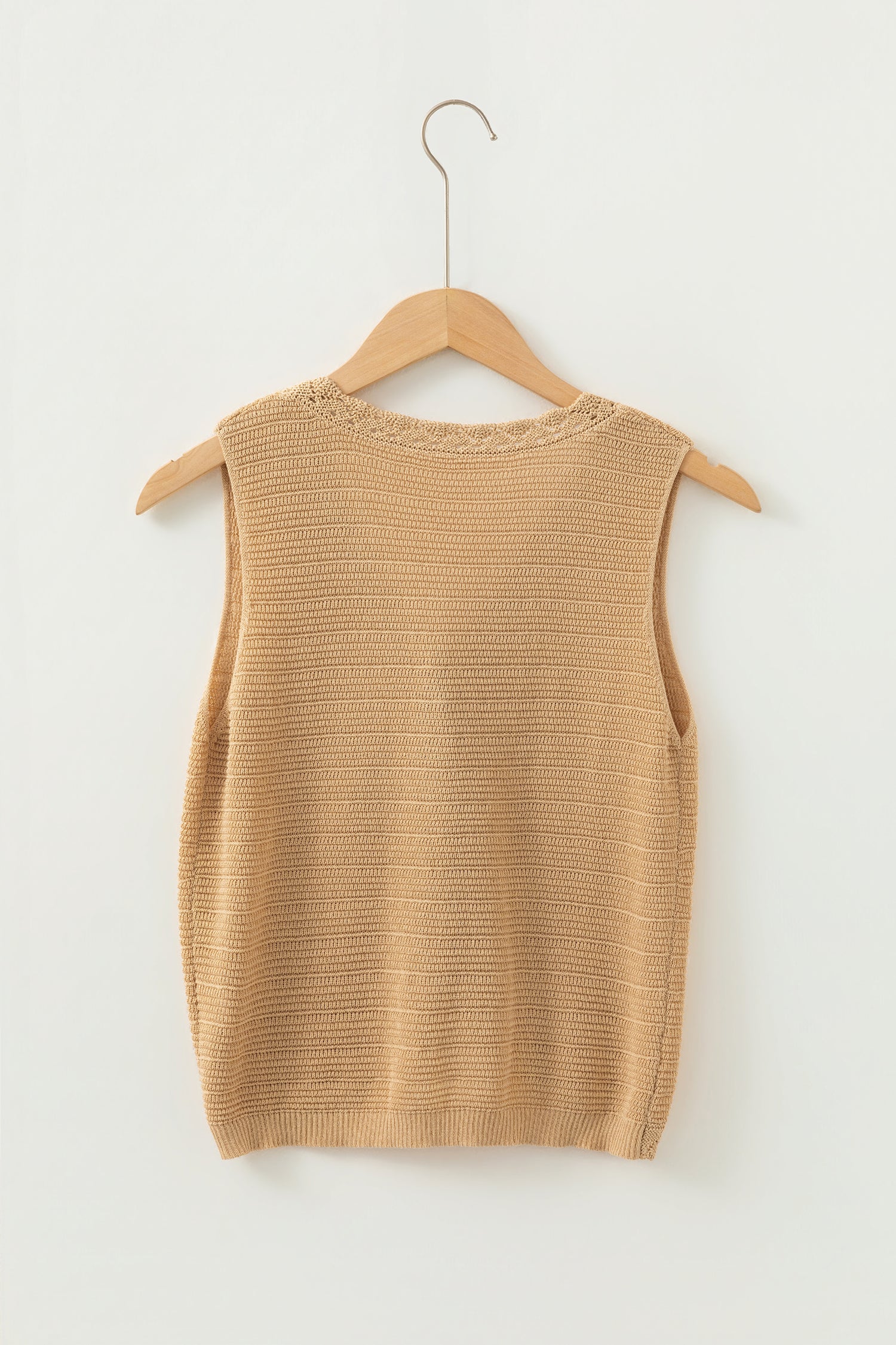 Pale Khaki Hollow Out Trim Buttoned Front Boho Sweater Vest-TOPS / DRESSES-[Adult]-[Female]-2022 Online Blue Zone Planet