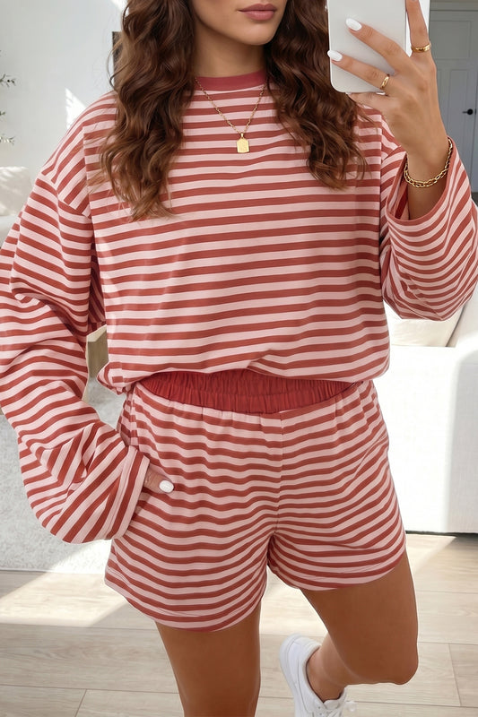 Brown Stripe Relaxed Long Sleeve Top Contrast Elastic Waistband Short Set-Two Piece Sets/Short Sets-[Adult]-[Female]-Brown Stripe-S-2022 Online Blue Zone Planet