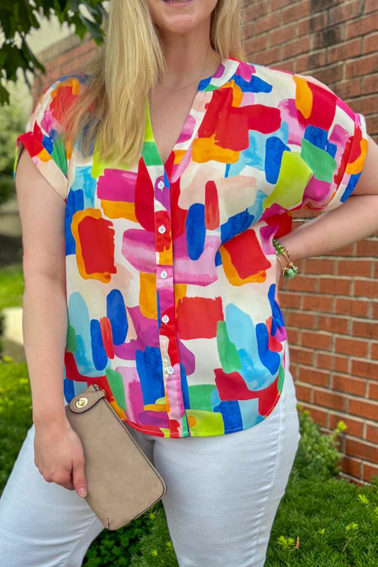 Colorful Brush Stroke Printed Plus Size Button Split Neck Blouse-Plus Size/Plus Size Tops/Plus Size Blouses & Shirts-[Adult]-[Female]-Red Stripe-1X-2022 Online Blue Zone Planet