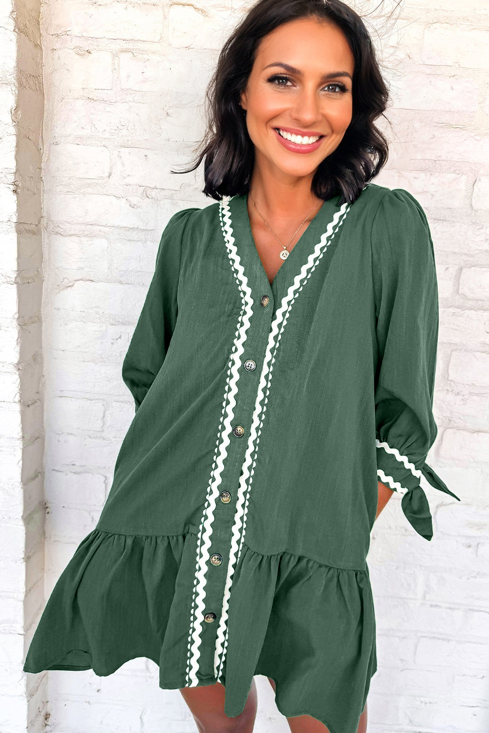 Canton Contrast Ricrac Trim Button V Neck Knotted Bracelet Sleeve Shift Dress-Bracelet-[Adult]-[Female]-2022 Online Blue Zone Planet