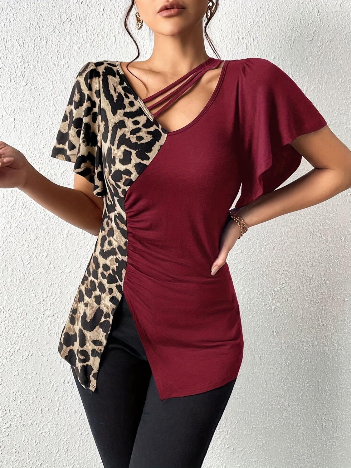 Ruched Leopard Flutter Sleeve T-Shirt-TOPS / DRESSES-[Adult]-[Female]-2022 Online Blue Zone Planet