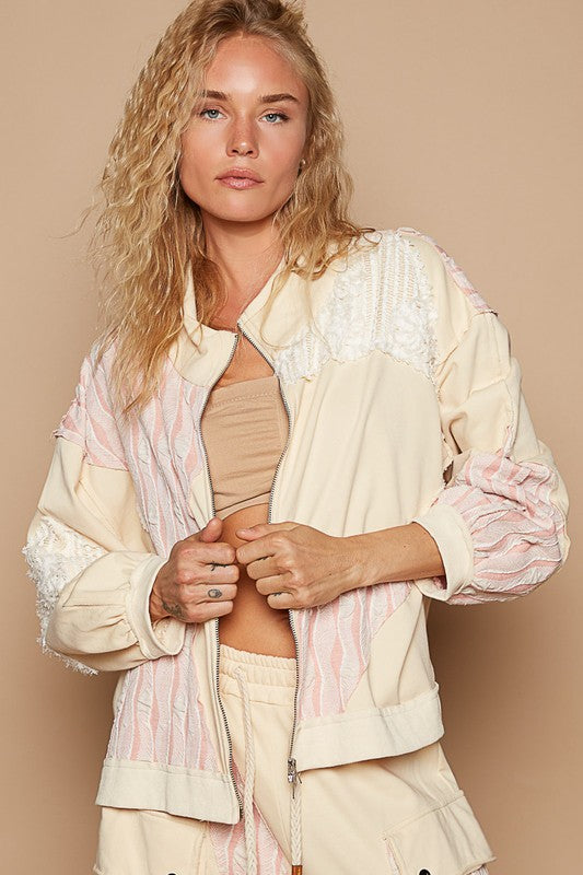 Blue Zone Planet | POL Applique Patchwork Zip Up Jacket-TOPS / DRESSES-[Adult]-[Female]-Cream Beige-S-2022 Online Blue Zone Planet