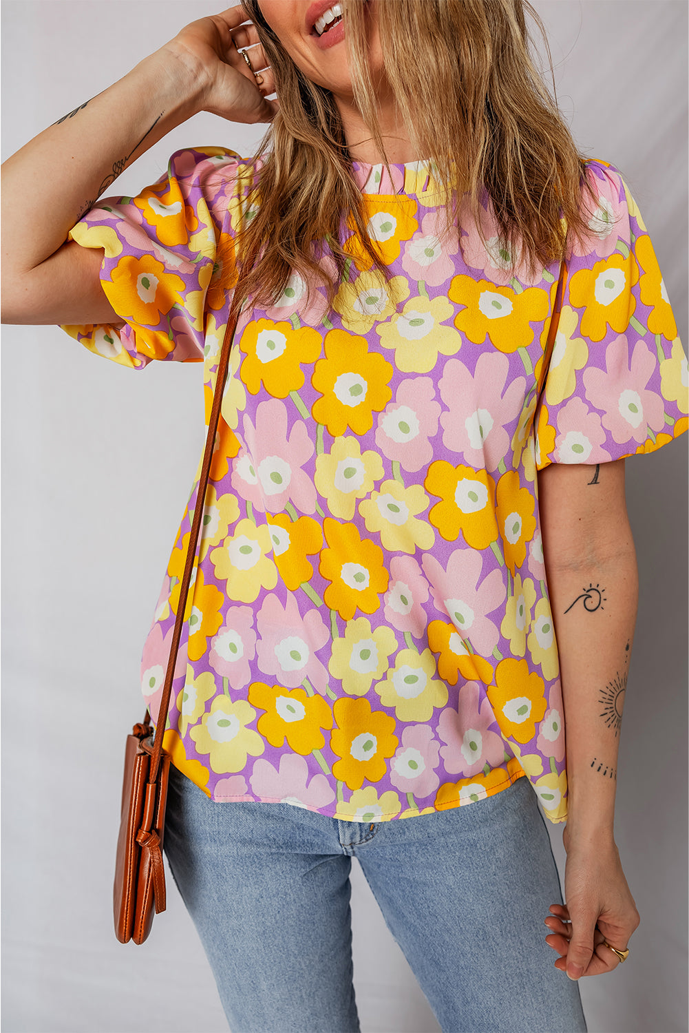 Purple Frilled Neck Puff Short Sleeve Flower Top-Tops/Blouses & Shirts-[Adult]-[Female]-2022 Online Blue Zone Planet