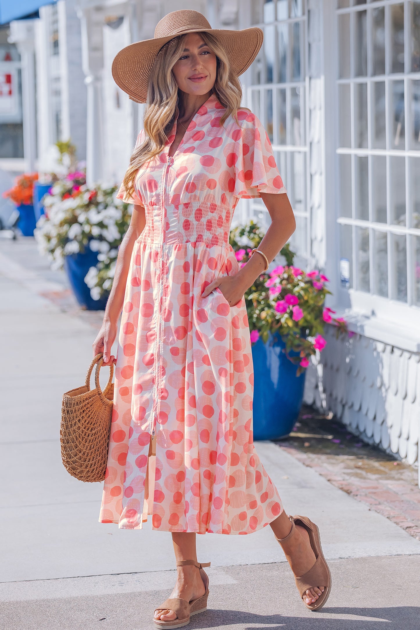 Pink Polka Dot Printed Ruffle Short Sleeve Zip Up Long Dress-TOPS / DRESSES-[Adult]-[Female]-2022 Online Blue Zone Planet
