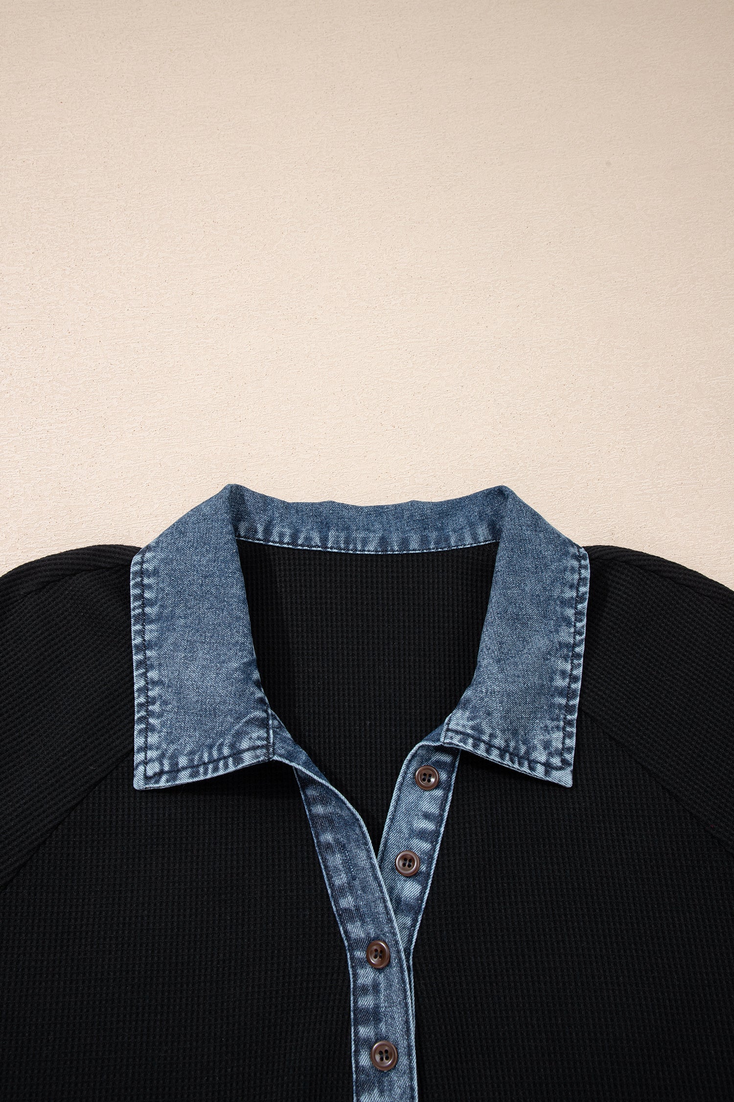 Black Plus Size Textured Contrast Denim Patchwork Button Polo Tee-Plus Size/Plus Size Tops-[Adult]-[Female]-2022 Online Blue Zone Planet