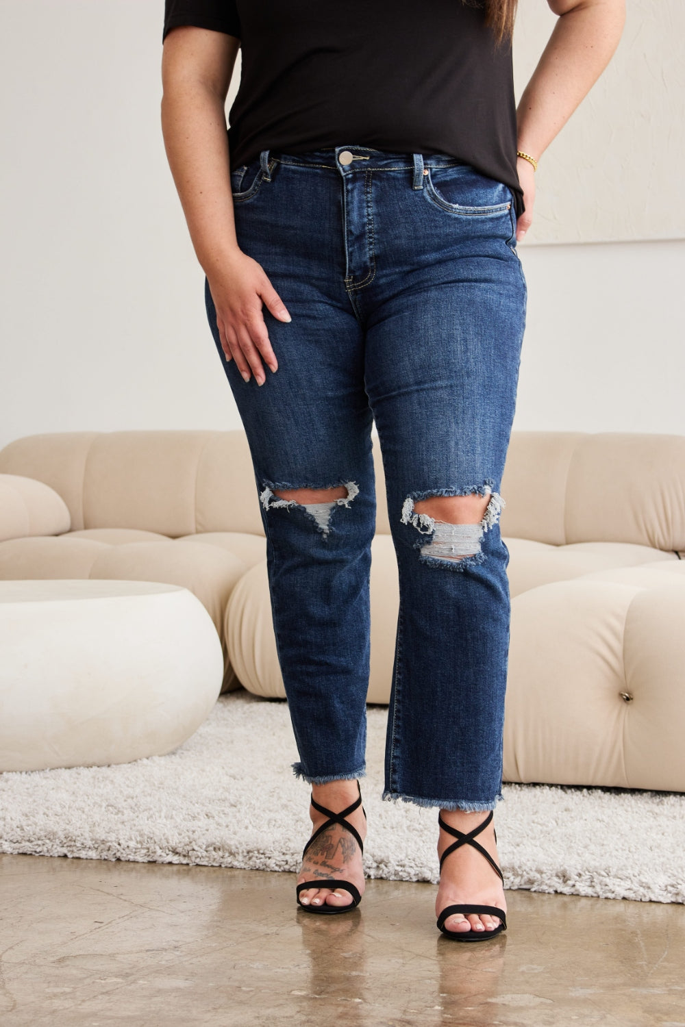 RFM Crop Dylan Full Size Tummy Control Distressed High Waist Raw Hem Jeans-BOTTOM SIZES SMALL MEDIUM LARGE-[Adult]-[Female]-2022 Online Blue Zone Planet