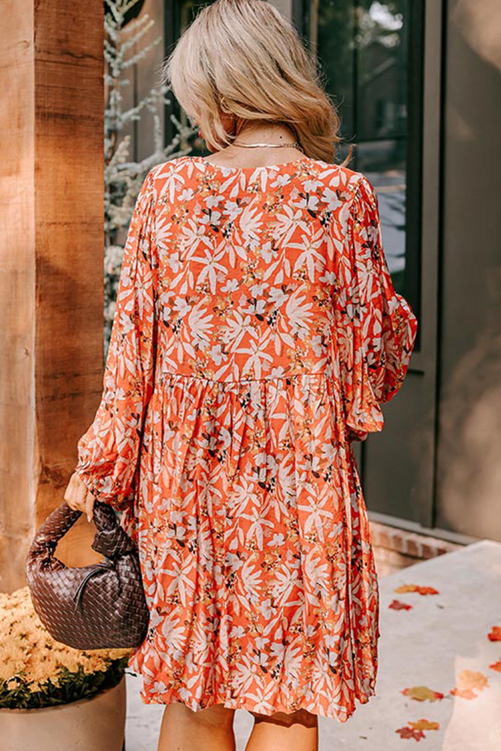 Blue Zone Planet |  Orange Floral Print Split V Neck Bubble Sleeve Plus Size Midi Dress