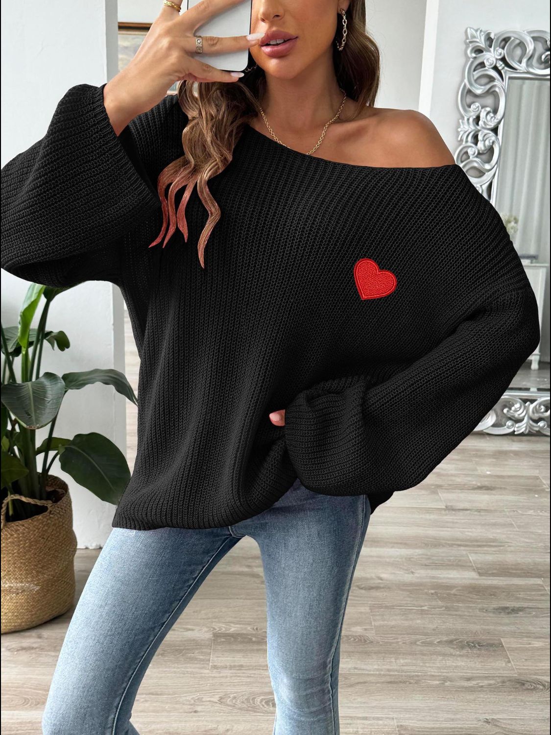 Heart Boat Neck Dropped Shoulder Sweater-TOPS / DRESSES-[Adult]-[Female]-2022 Online Blue Zone Planet