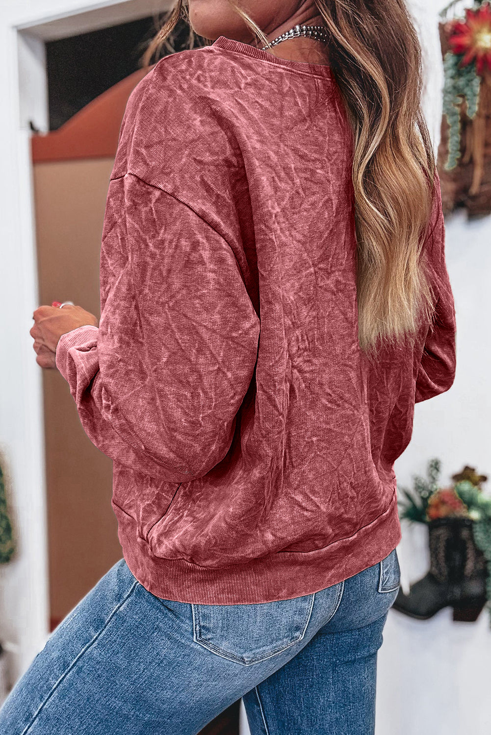 Mineral Red Saved By Grace Letter Embroidery Mineral Wash Loose Sweatshirt-Tops/Sweatshirts & Hoodies-[Adult]-[Female]-2022 Online Blue Zone Planet