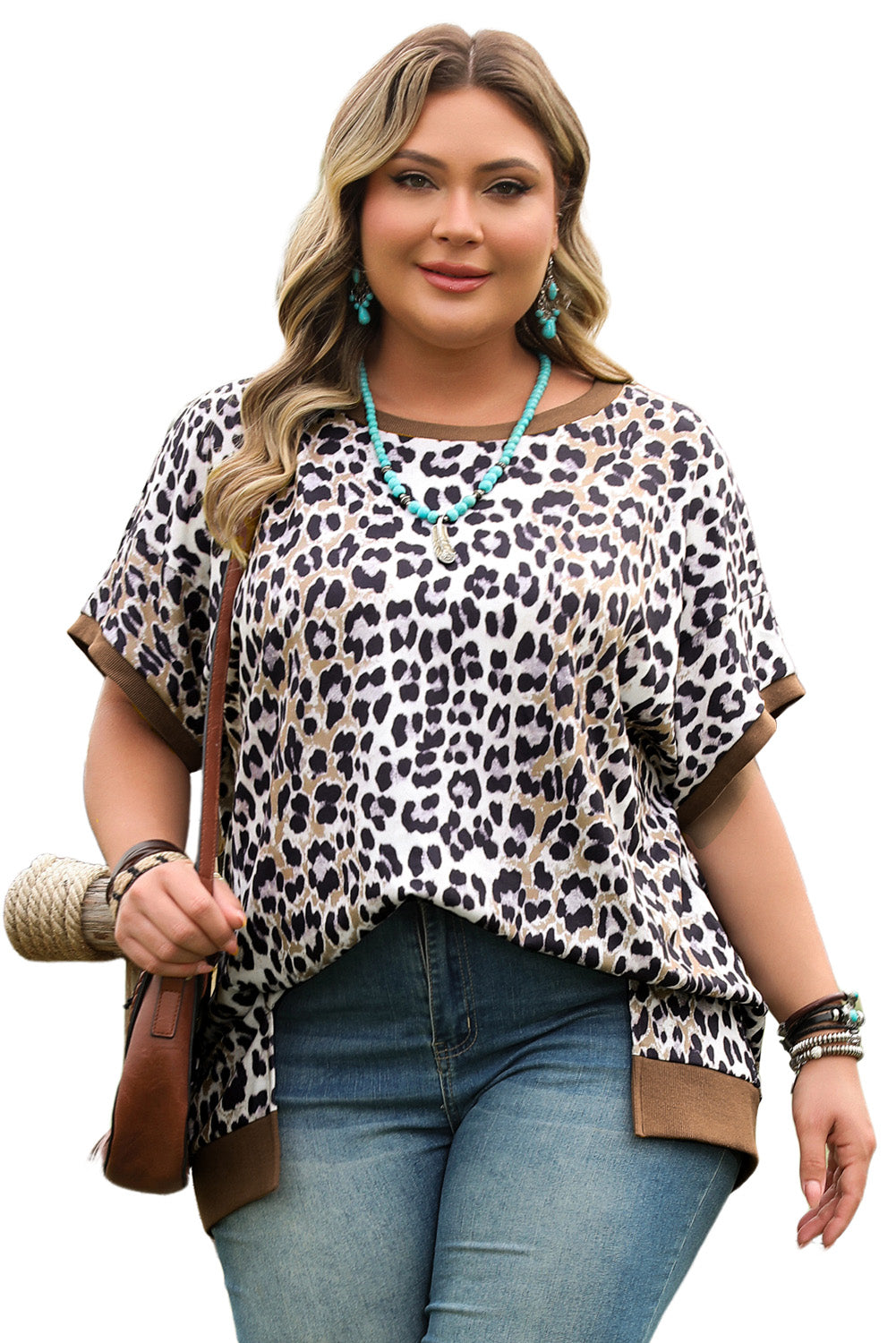 Khaki Leopard Contrast Trim Short Sleeve Loose Plus Size Top-Plus Size/Plus Size Tops/Plus Size Tops & Tees-[Adult]-[Female]-2022 Online Blue Zone Planet