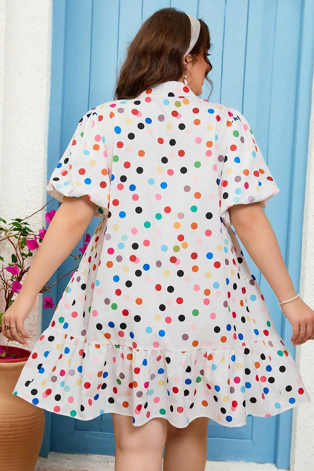 White Polka Dot Print Bubble Sleeve Button Up Plus Size Shirt Dress-Plus Size/Plus Size Dresses/Plus Size Mini Dresses-[Adult]-[Female]-2022 Online Blue Zone Planet