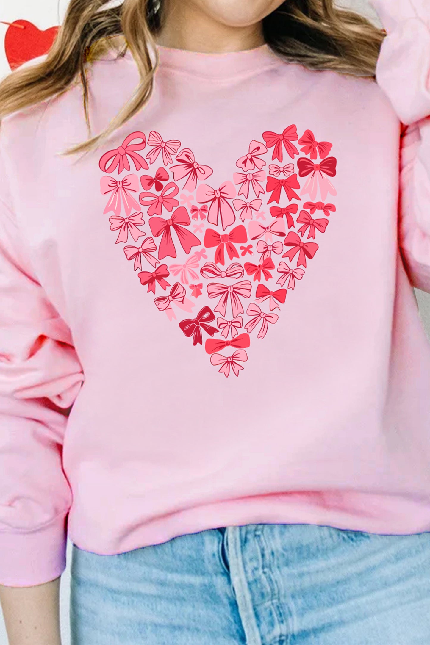 Pink Bow Printed Big Heart Valentines Day Pullover Sweatshirt-Graphic Sweatshirts-[Adult]-[Female]-2022 Online Blue Zone Planet