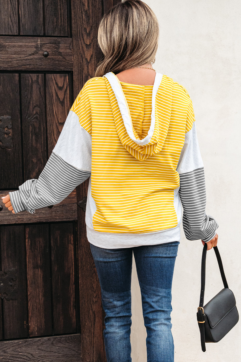 Yellow Stripe Color Block Drawstring V Neck Loose Fit Hooded Top-Tops/Sweatshirts & Hoodies-[Adult]-[Female]-2022 Online Blue Zone Planet