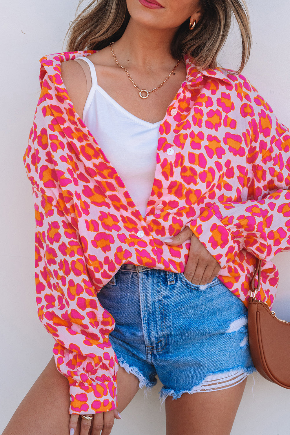 Blue Zone Planet | Rose Leopard Printed Button Up Loose Shirt-Tops/Blouses & Shirts-[Adult]-[Female]-2022 Online Blue Zone Planet