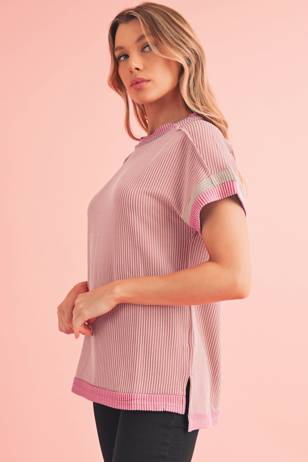 Sky Blue Textured Colorblock Round Neck T Shirt-T Shirts-[Adult]-[Female]-2022 Online Blue Zone Planet