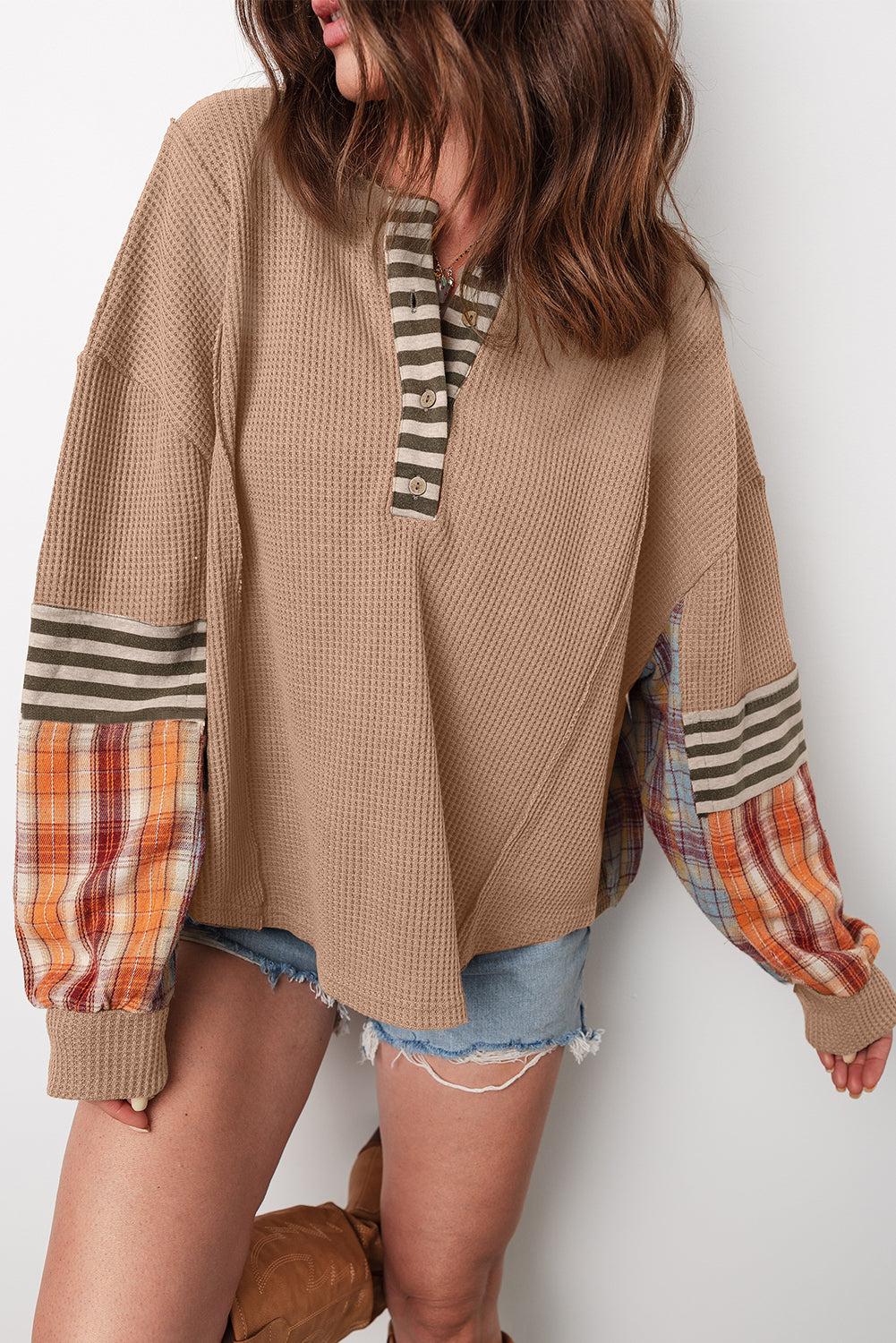 Straw Yellow Waffle Stripe Plaid Patchwork Henley Knit Top-Tops/Long Sleeve Tops-[Adult]-[Female]-Straw Yellow-S-2022 Online Blue Zone Planet