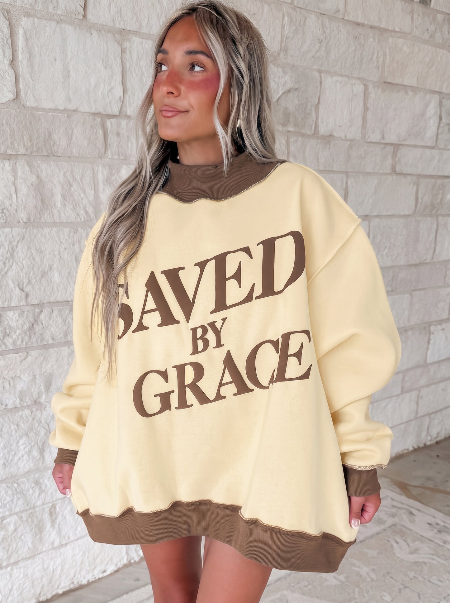 Beige Saved By Grace Print Color Block Mock Neck Oversized Sweatshirt-Tops/Sweatshirts & Hoodies-[Adult]-[Female]-2022 Online Blue Zone Planet