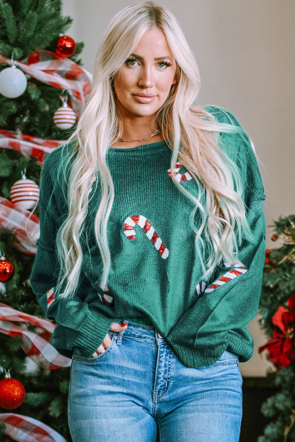 Green Sequined Candy Canes Gingerbread Man Sweater-Sweaters & Cardigans/Sweaters-[Adult]-[Female]-2022 Online Blue Zone Planet