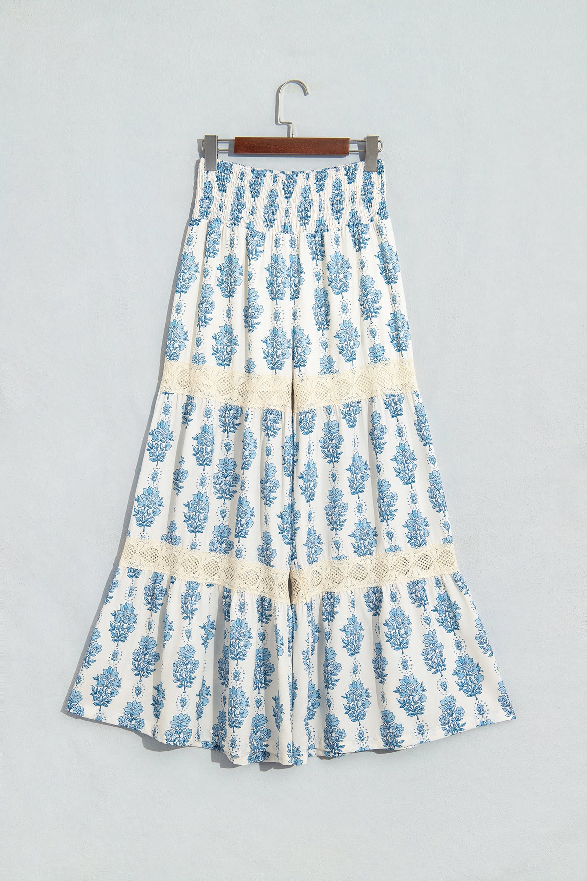 Sky Blue Floral Print Lace Patchwork Detail Wide Leg Pants-Bottoms/Pants & Culotte-[Adult]-[Female]-2022 Online Blue Zone Planet