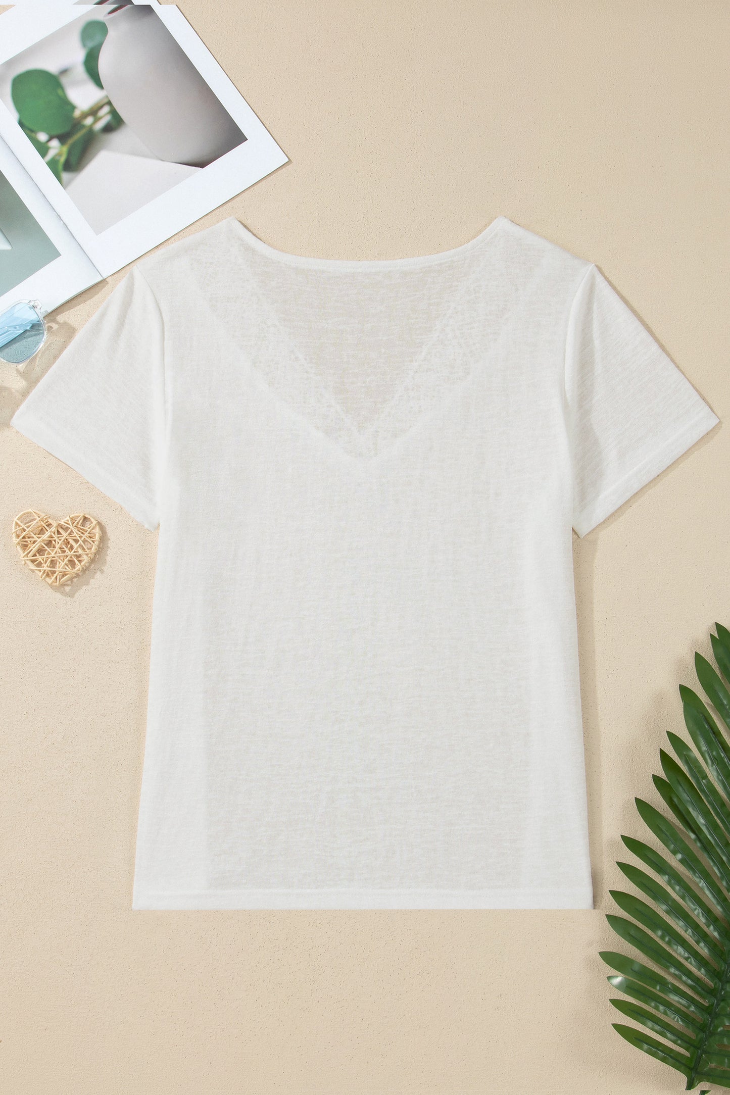 White Hollowed Lace Splicing V Neck T Shirt-Tops/Tops & Tees-[Adult]-[Female]-2022 Online Blue Zone Planet