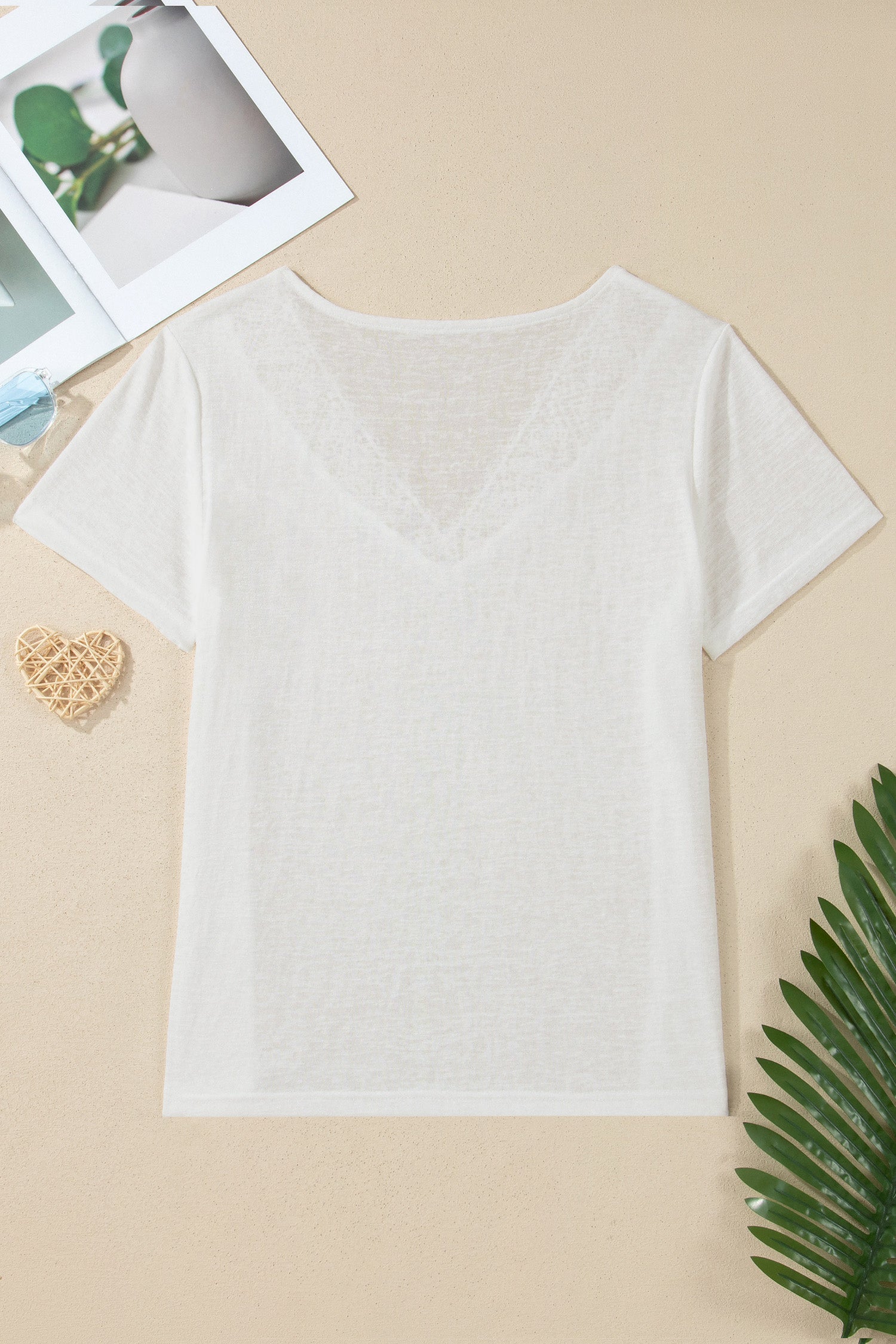 White Hollowed Lace Splicing V Neck T Shirt-Tops/Tops & Tees-[Adult]-[Female]-2022 Online Blue Zone Planet