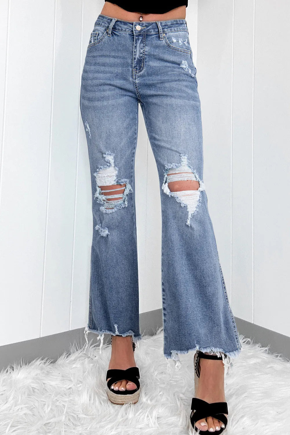 Blue Zone Planet | Distressed Raw Hem Bootcut Jeans-TOPS / DRESSES-[Adult]-[Female]-Medium-4-2022 Online Blue Zone Planet