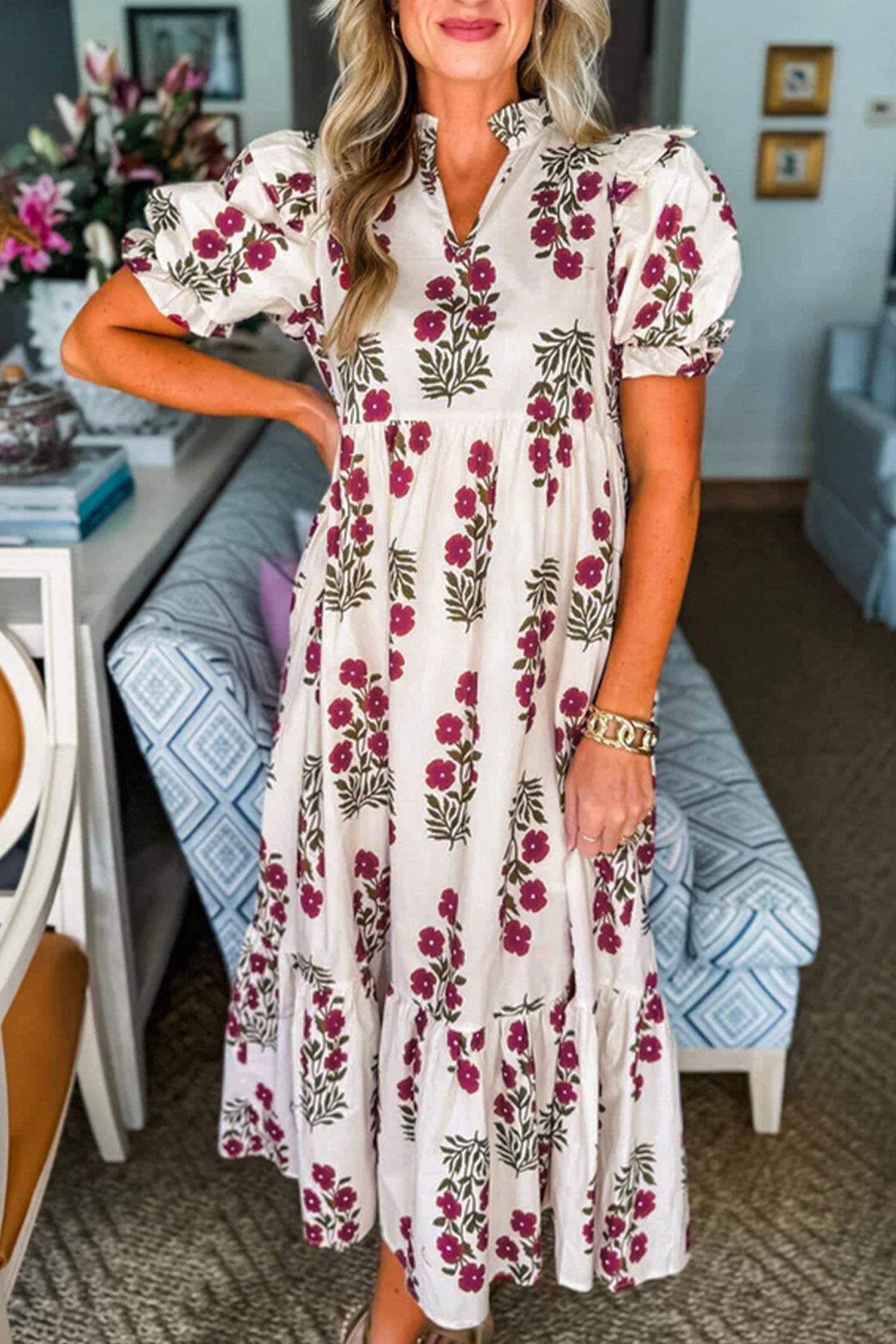 Beige Floral Short Bubble Sleeve Tiered Maxi Dress-Dresses/Maxi Dresses-[Adult]-[Female]-Beige-S-2022 Online Blue Zone Planet