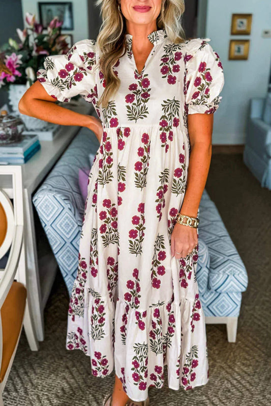 Beige Floral Short Bubble Sleeve Tiered Maxi Dress-Dresses/Maxi Dresses-[Adult]-[Female]-Beige-S-2022 Online Blue Zone Planet