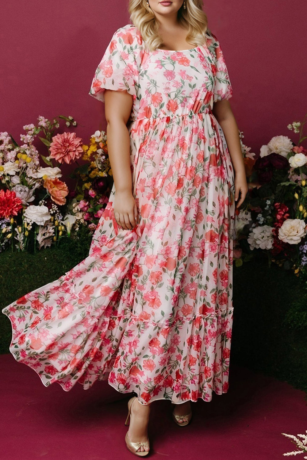 Pink Plus Size Floral Square Neck Puff Sleeve Ruffle Maxi Dress-Plus Size/Plus Size Dresses-[Adult]-[Female]-Pink-1X-2022 Online Blue Zone Planet