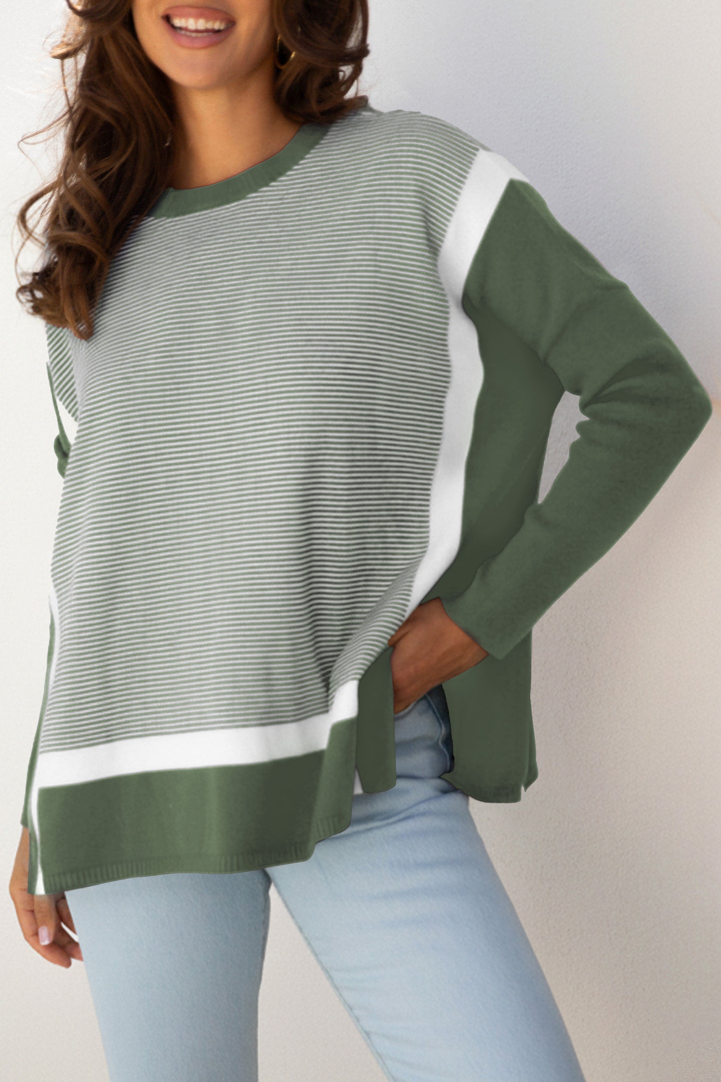 Green Stripe Color Block Patchwork Dolman Oversize Tunic Sweater-Sweaters & Cardigans/Sweaters-[Adult]-[Female]-2022 Online Blue Zone Planet