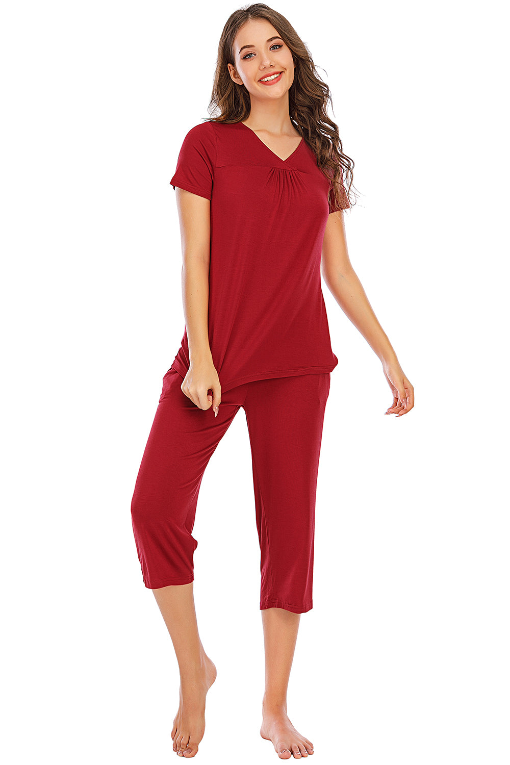 V-Neck Short Sleeve Top and Pants Lounge Set-TOPS / DRESSES-[Adult]-[Female]-Scarlet-S-2022 Online Blue Zone Planet