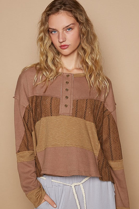 Blue Zone Planet | POL Half Button Color Block Drop Shoulder Knit Top-TOPS / DRESSES-[Adult]-[Female]-Dark Brown-S-2022 Online Blue Zone Planet