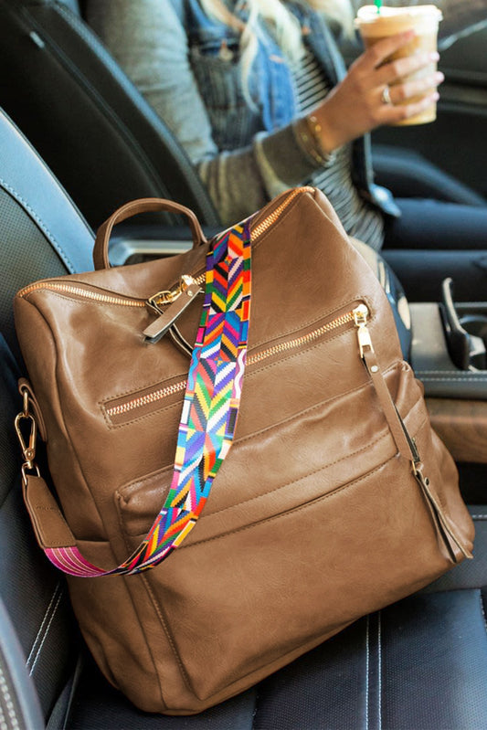Chestnut Geometric Crochet Strap PU Leather Large Backpack-Backpacks-[Adult]-[Female]-Chestnut-ONE SIZE-2022 Online Blue Zone Planet