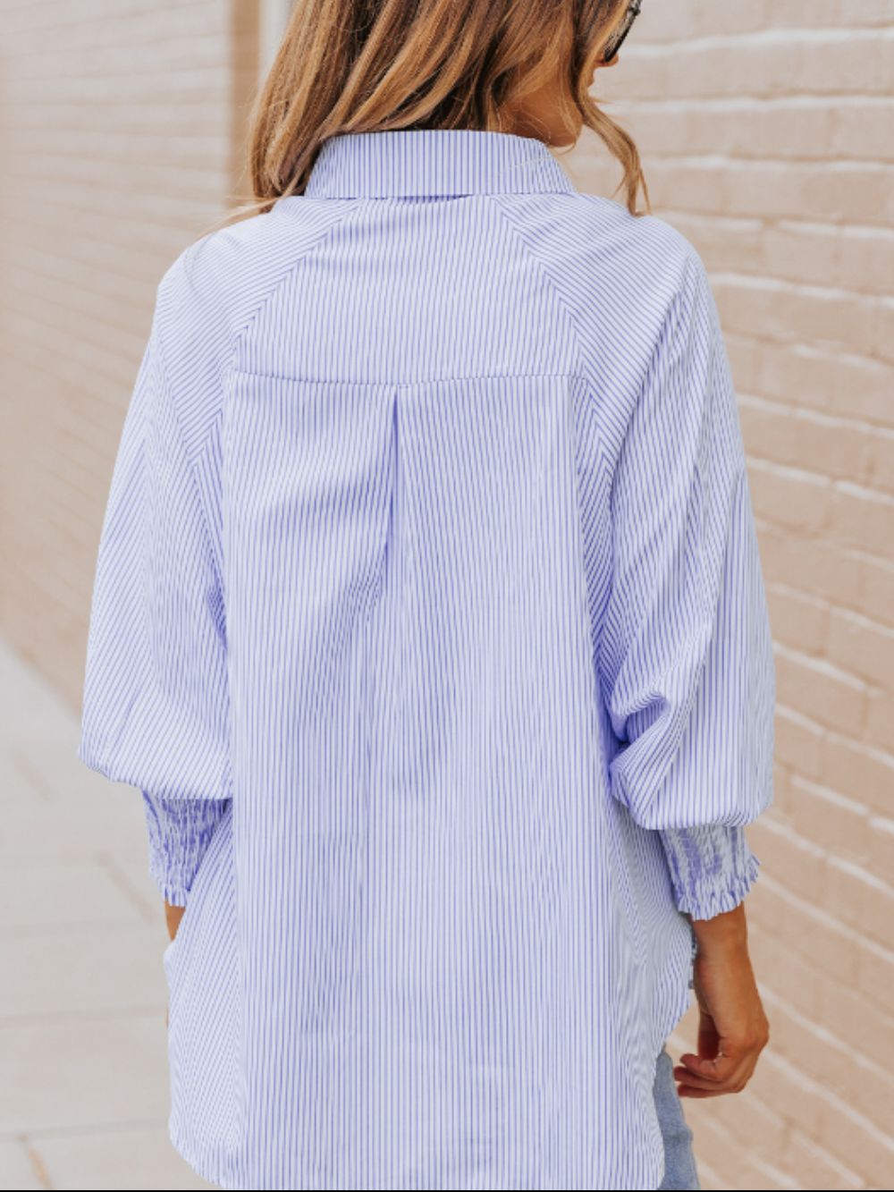 Striped Collared Neck Lantern Sleeve Shirt-TOPS / DRESSES-[Adult]-[Female]-2022 Online Blue Zone Planet