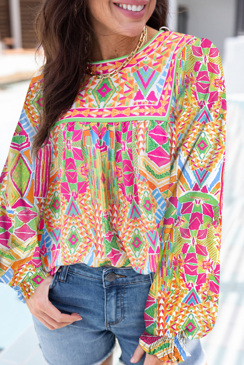 Orange Geometric Print Long Sleeve Keyhole Back Blouse-Tops/Blouses & Shirts-[Adult]-[Female]-Orange-S-2022 Online Blue Zone Planet