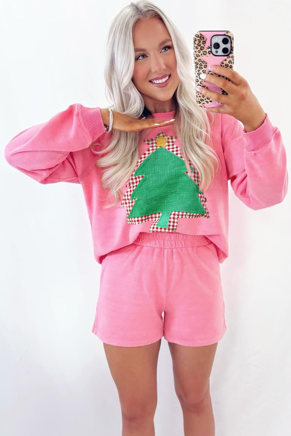 Sachet Pink Plaid Contrasted Double Christmas Tree Patched Raglan Sleeve Pullover 2pcs Short Set-Two Piece Sets/Short Sets-[Adult]-[Female]-2022 Online Blue Zone Planet