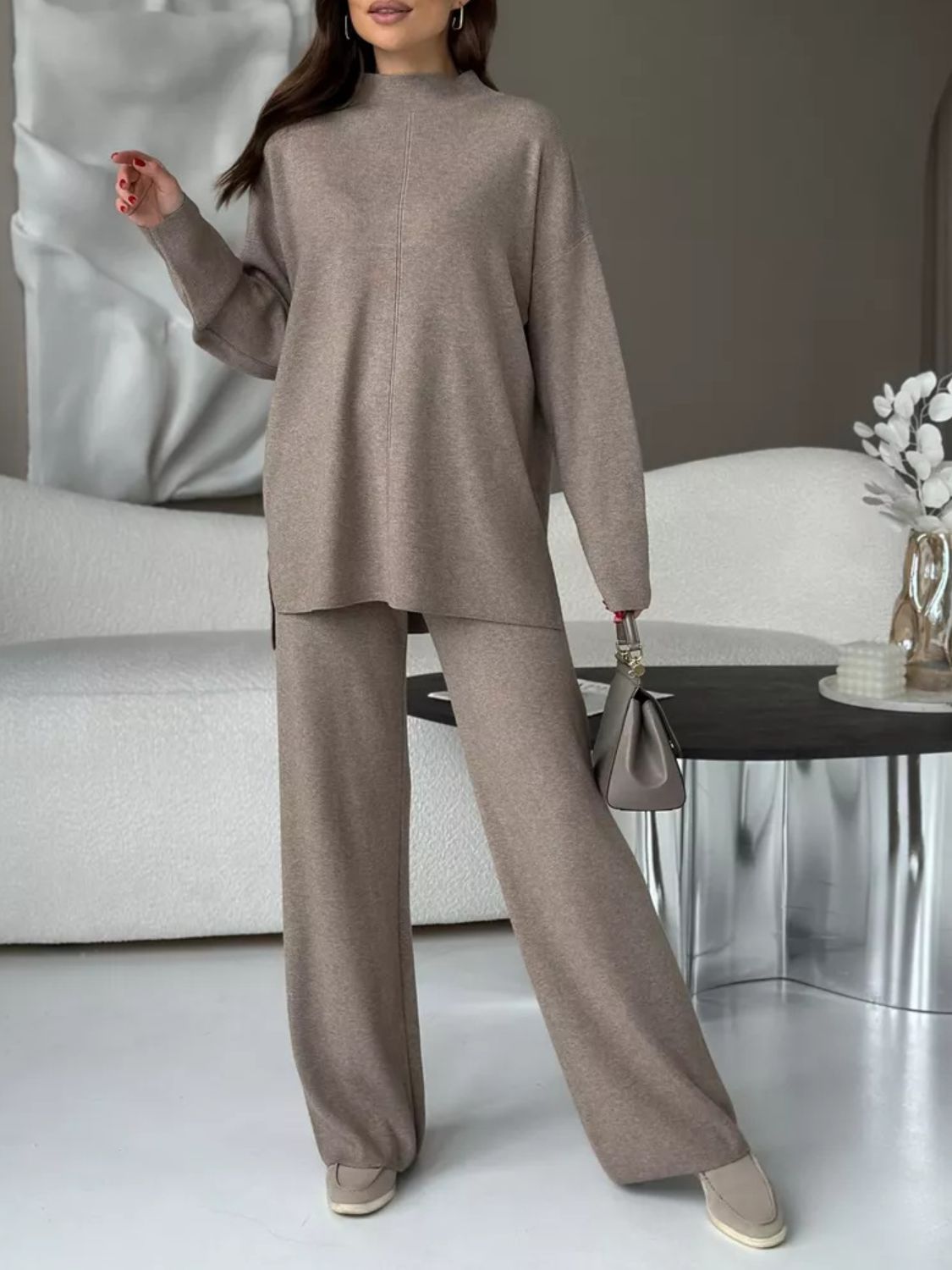 Slit Mock Neck Top and Pants Sweater Set-TOPS / DRESSES-[Adult]-[Female]-2022 Online Blue Zone Planet