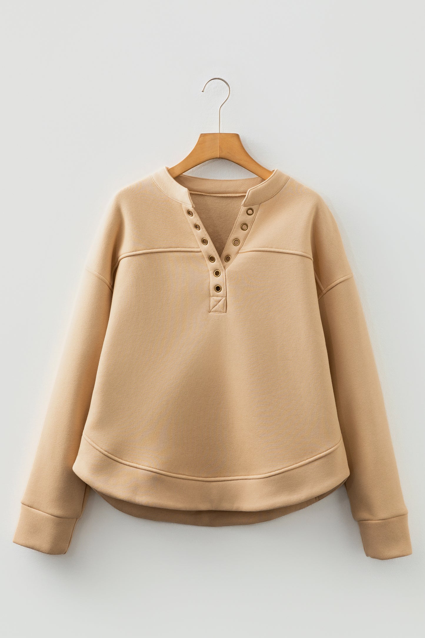 Light French Beige Grommet Detail V Neck Sweatshirt-Tops/Sweatshirts & Hoodies-[Adult]-[Female]-2022 Online Blue Zone Planet