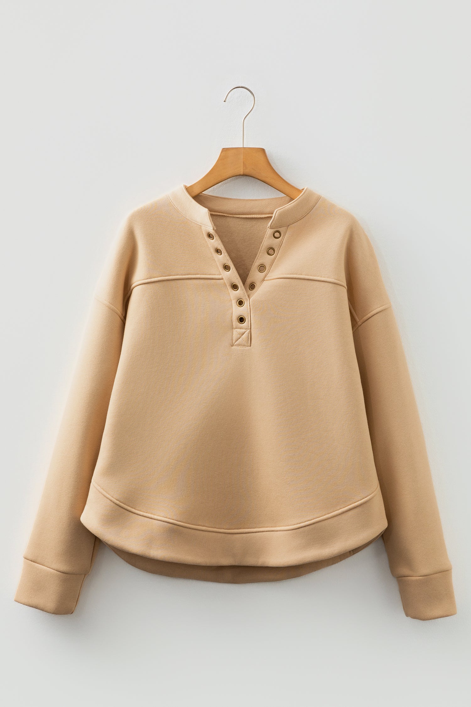 Light French Beige Grommet Detail V Neck Sweatshirt-Tops/Sweatshirts & Hoodies-[Adult]-[Female]-2022 Online Blue Zone Planet