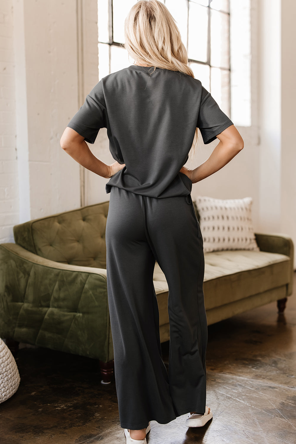 Dark Grey Drawstring Side Crewneck Tee and Loose Pants Set-Two Piece Sets/Pant Sets-[Adult]-[Female]-2022 Online Blue Zone Planet