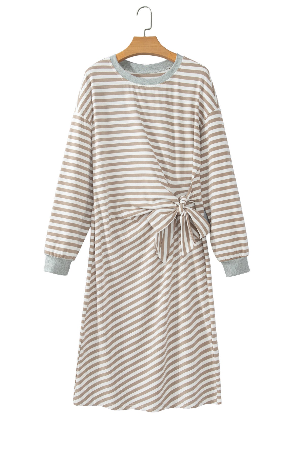 Khaki Stripe Striped Colorblock Cuffs Round Neck Long Sleeve Shift Dress