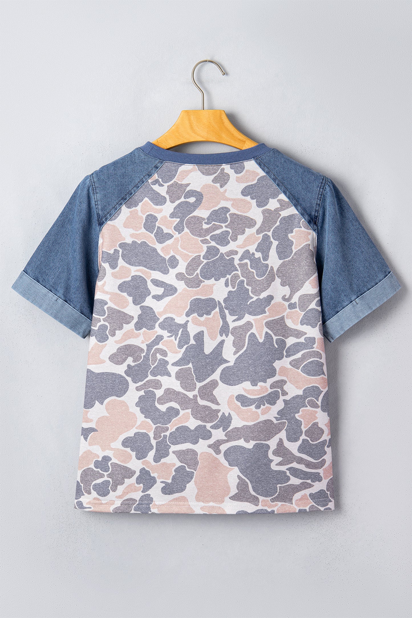 Multicolour Camouflage Print Denim Color Block Sleeve Casual Tee-Tops/Tops & Tees-[Adult]-[Female]-2022 Online Blue Zone Planet