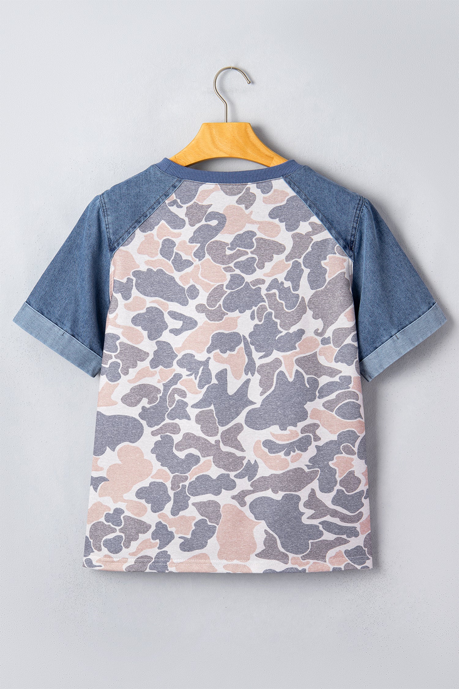 Multicolour Camouflage Print Denim Color Block Sleeve Casual Tee-Tops/Tops & Tees-[Adult]-[Female]-2022 Online Blue Zone Planet