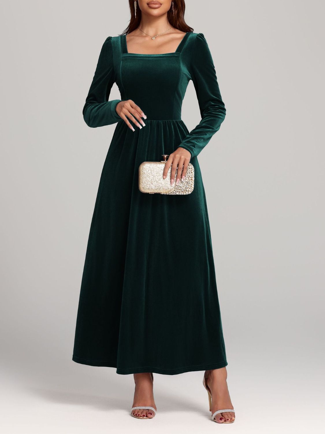 Blue Zone Planet | Velvet Square Neck Long Sleeve Dress-TOPS / DRESSES-[Adult]-[Female]-2022 Online Blue Zone Planet