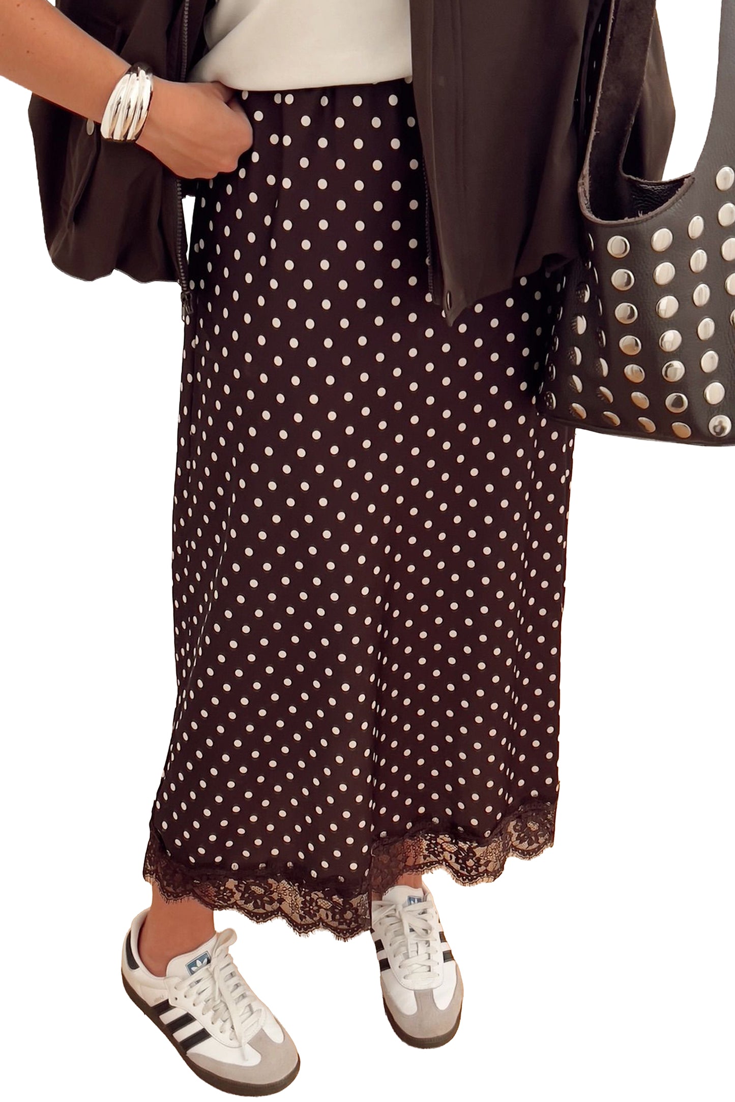Brown Polka Dot Lace Hem Elegant Long Shift Skirt
