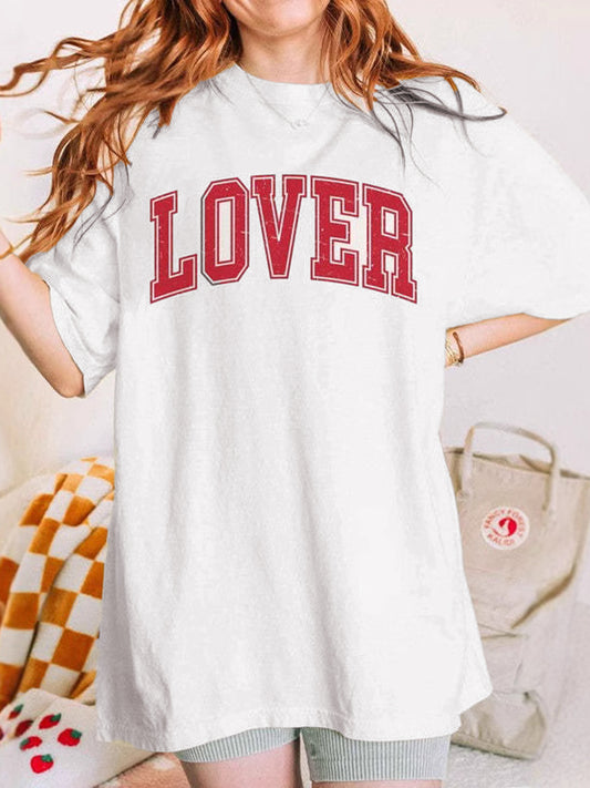 LOVER Round Neck Half Sleeve T-Shirt-TOPS / DRESSES-[Adult]-[Female]-White-S-2022 Online Blue Zone Planet