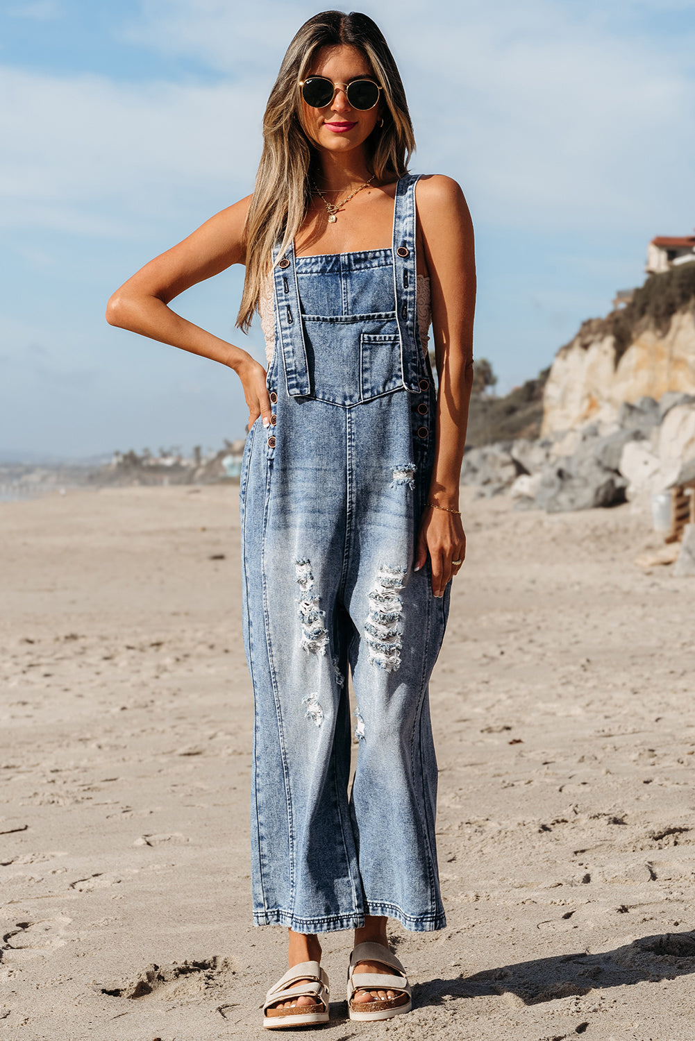 Blue Zone Planet | Stone Blue Distressed Bib Pocket Wide Leg Denim Overall-Bottoms/Jumpsuits & Rompers-[Adult]-[Female]-2022 Online Blue Zone Planet