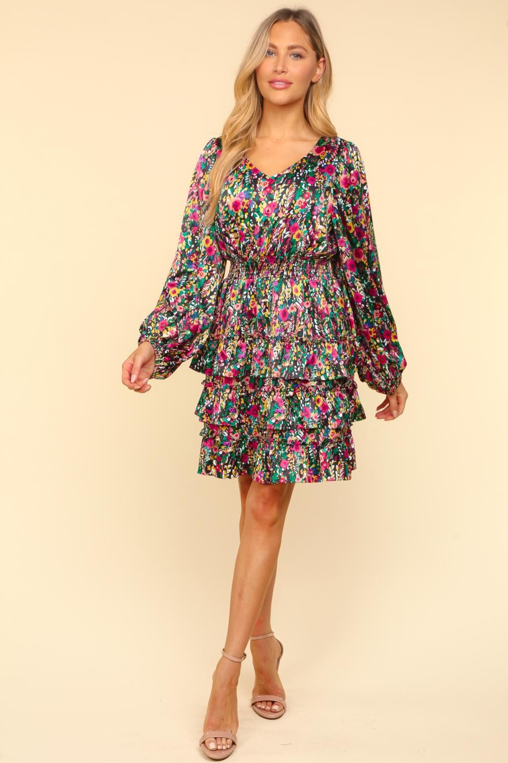 Haptics V-Neck Satin Floral Layered Dress-TOPS / DRESSES-[Adult]-[Female]-2022 Online Blue Zone Planet