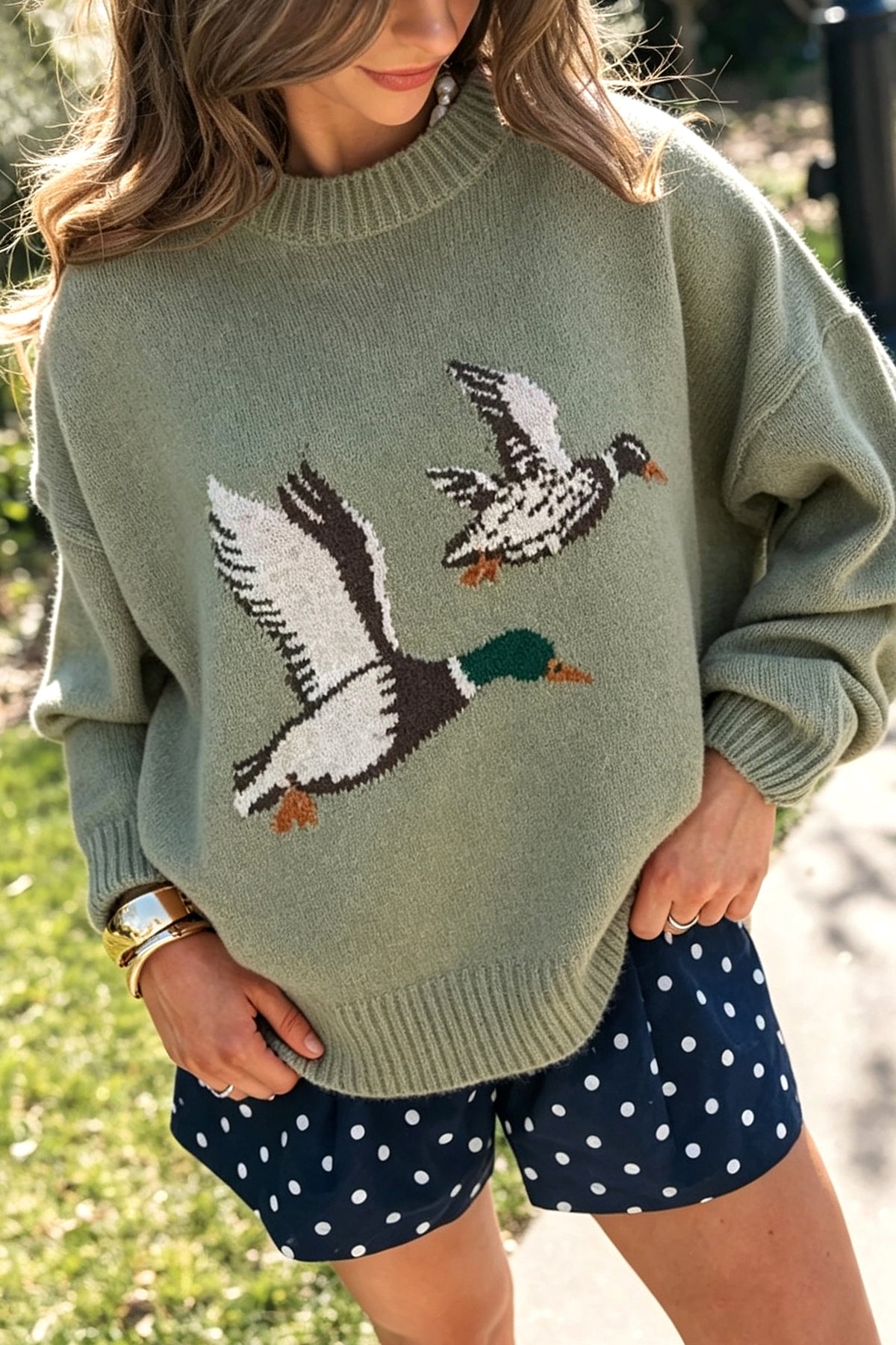 Laurel Green Flying Mallard Pattern Round Neck Drop Shoulder Knit Sweater-TOPS / DRESSES-[Adult]-[Female]-Laurel Green-S-2022 Online Blue Zone Planet